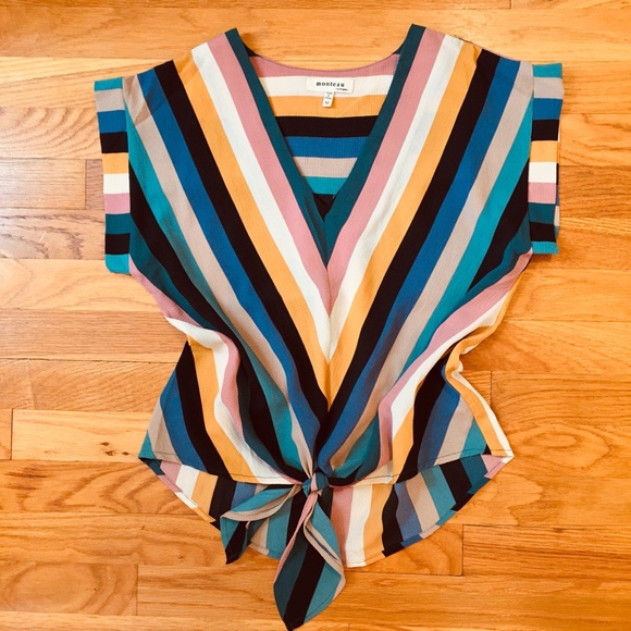 Monteau Tops - Monteau Autumn Striped Front Tie Blouse